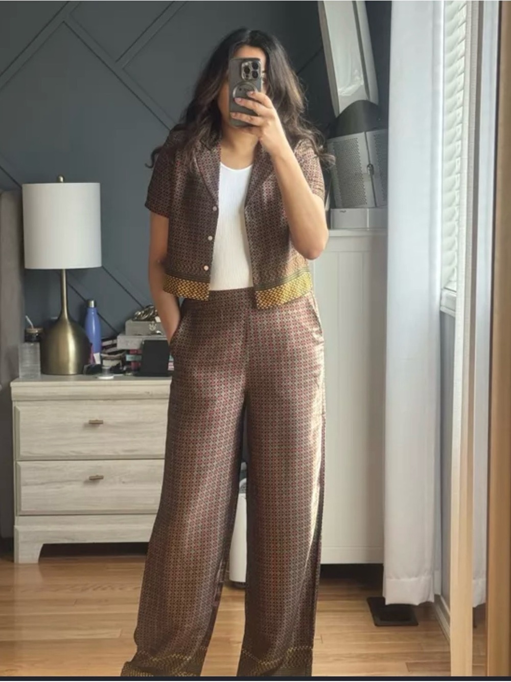 Le ALX satin wide leg pants and matching button up brown black set - L/XL